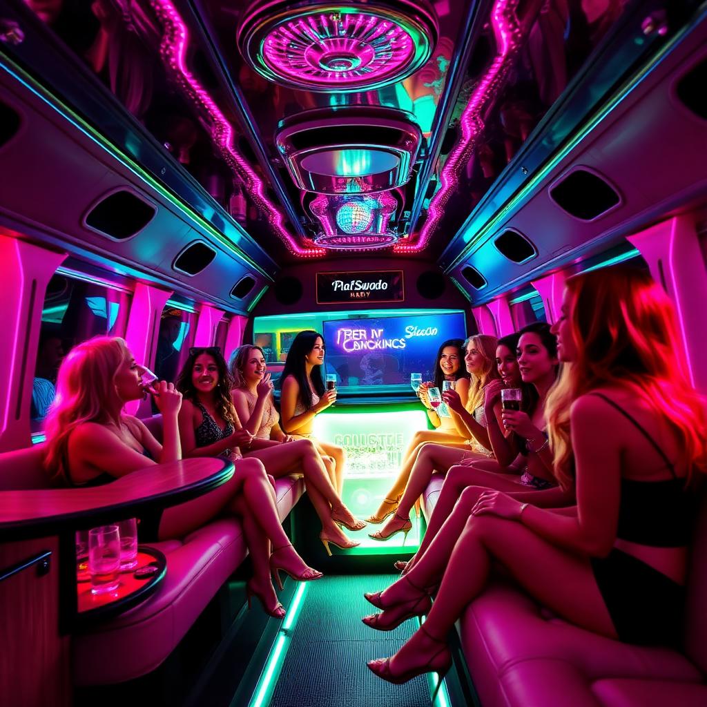 Pink disco party bus in Marbella with lights and bar for hen group