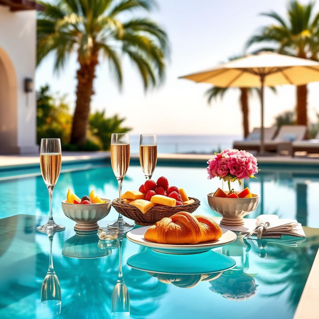 Champagne breakfast spread poolside in Marbella with mimosas and pastries