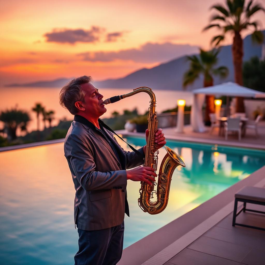 Live saxophone player at a glam Marbella villa pool party at sunset