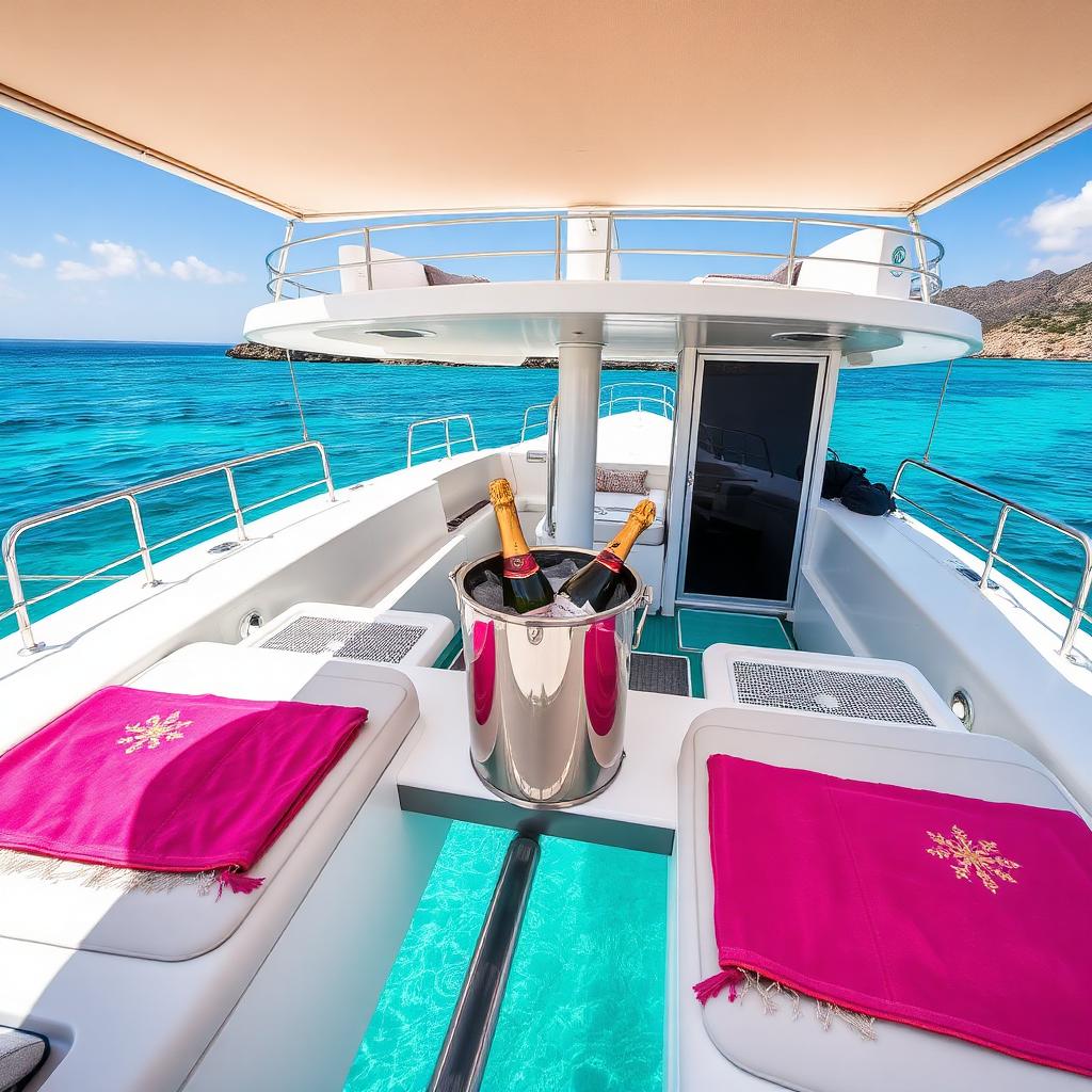 Glamorous hen party group sunbathing on a private catamaran in Marbella with champagne
