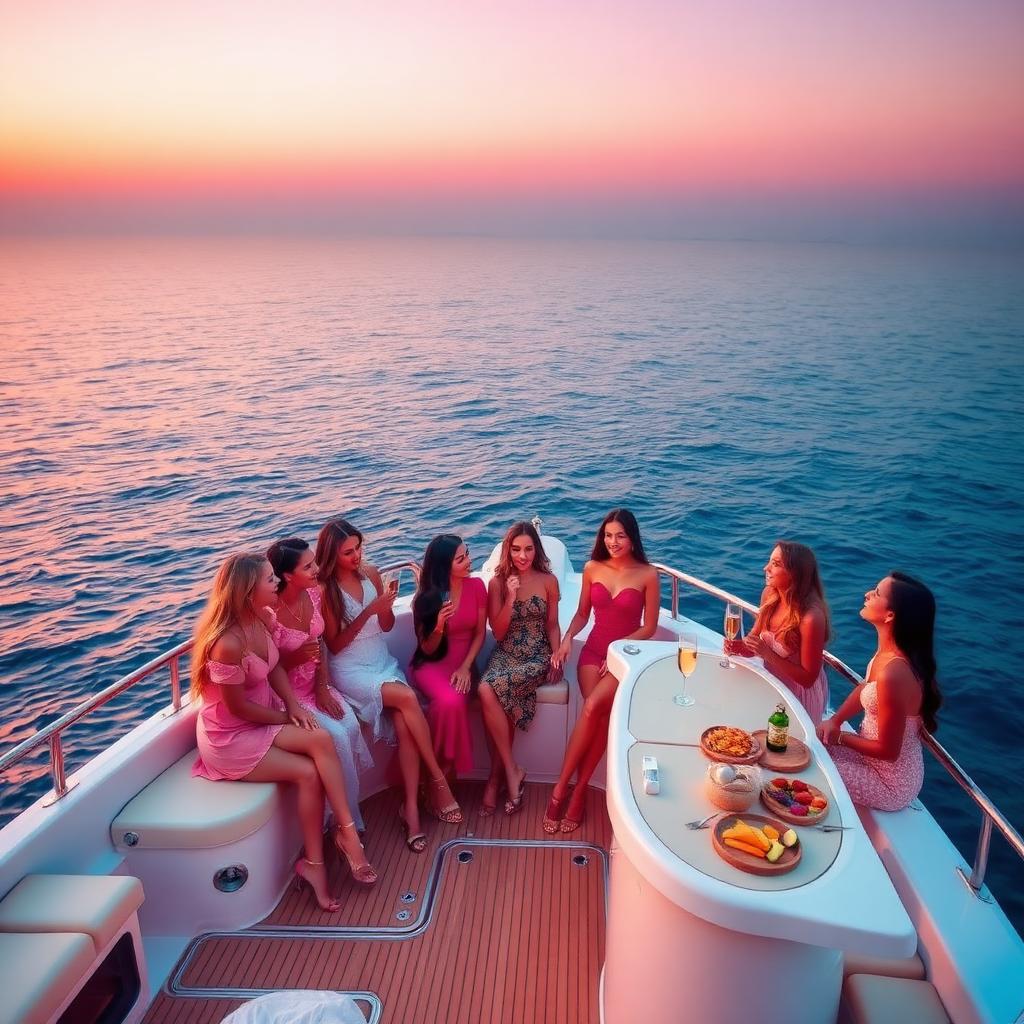 Mini yacht party in Marbella with hen group, open bar and snacks at sunset