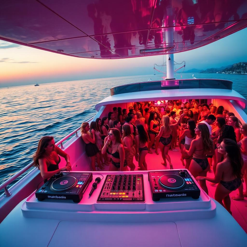 Mega party boat off Marbella packed with hen party crowd, live DJ booth and karaoke at sunset