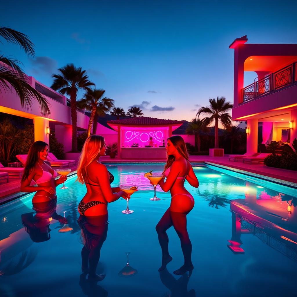 Marbella villa pool party with DJ, bikinis and margaritas at sunset