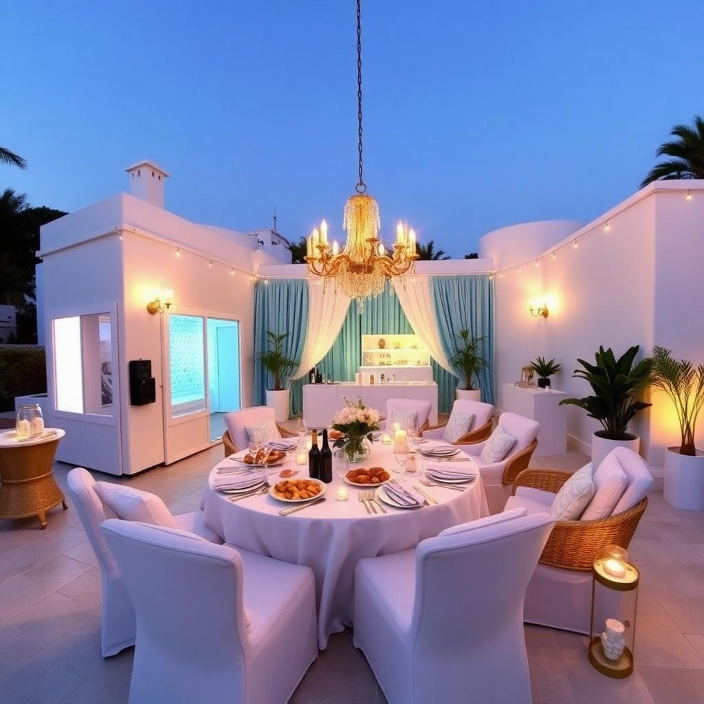 Pastel blue and gold coastal-glam villa setup with 360 photo booth and sangria bar