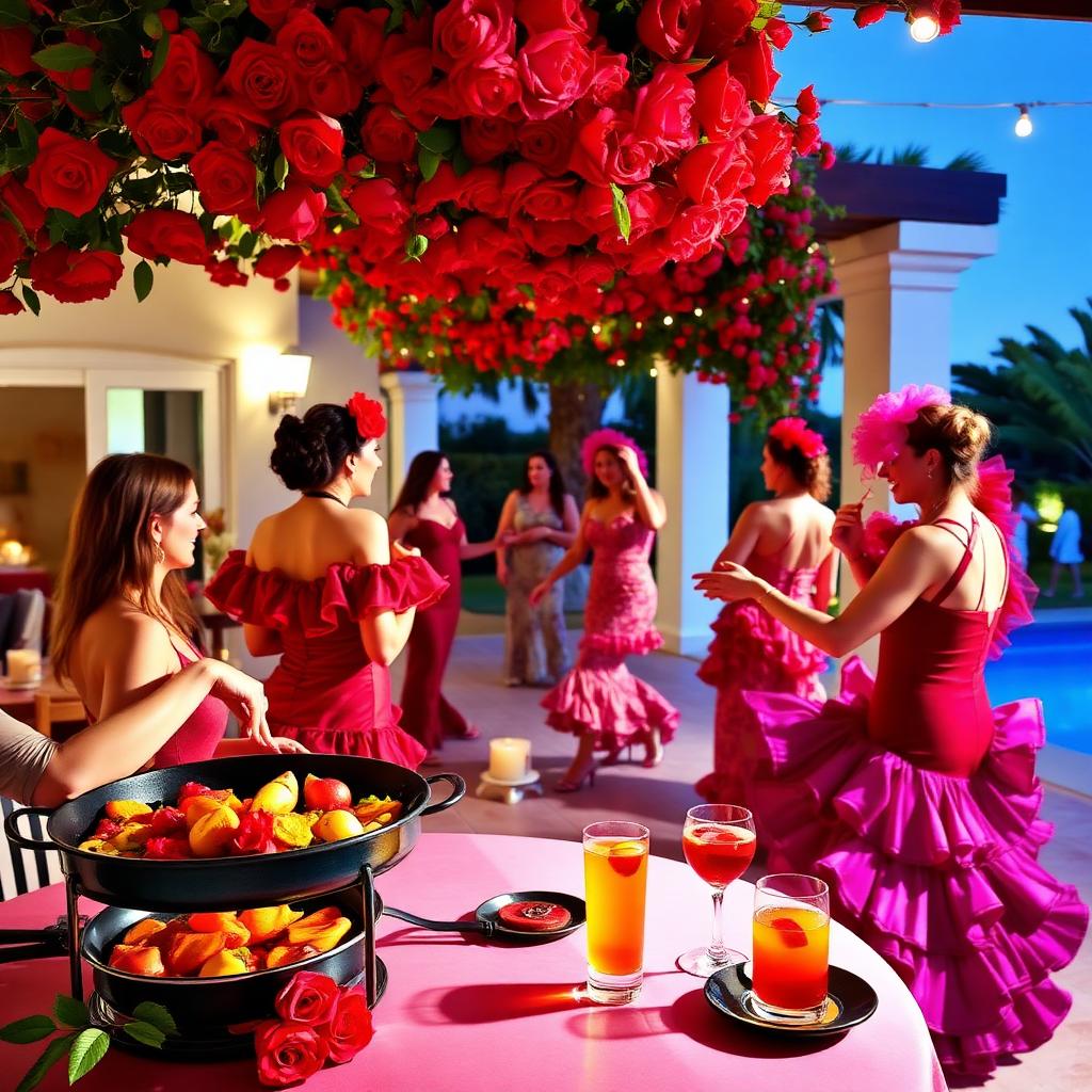 Vibrant flamenco fiesta hen party in a Marbella villa with red roses and paella