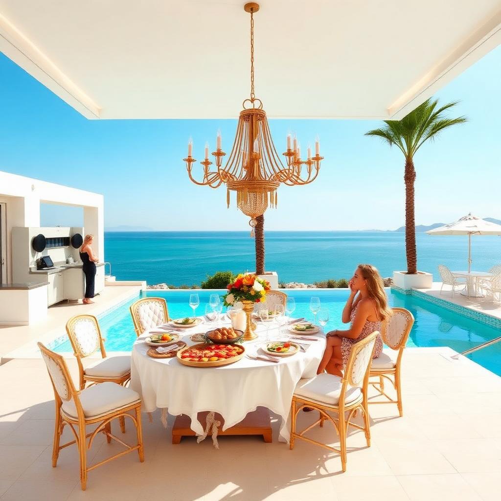 White and gold luxury Marbella villa pool party with 360 booth and paella dining