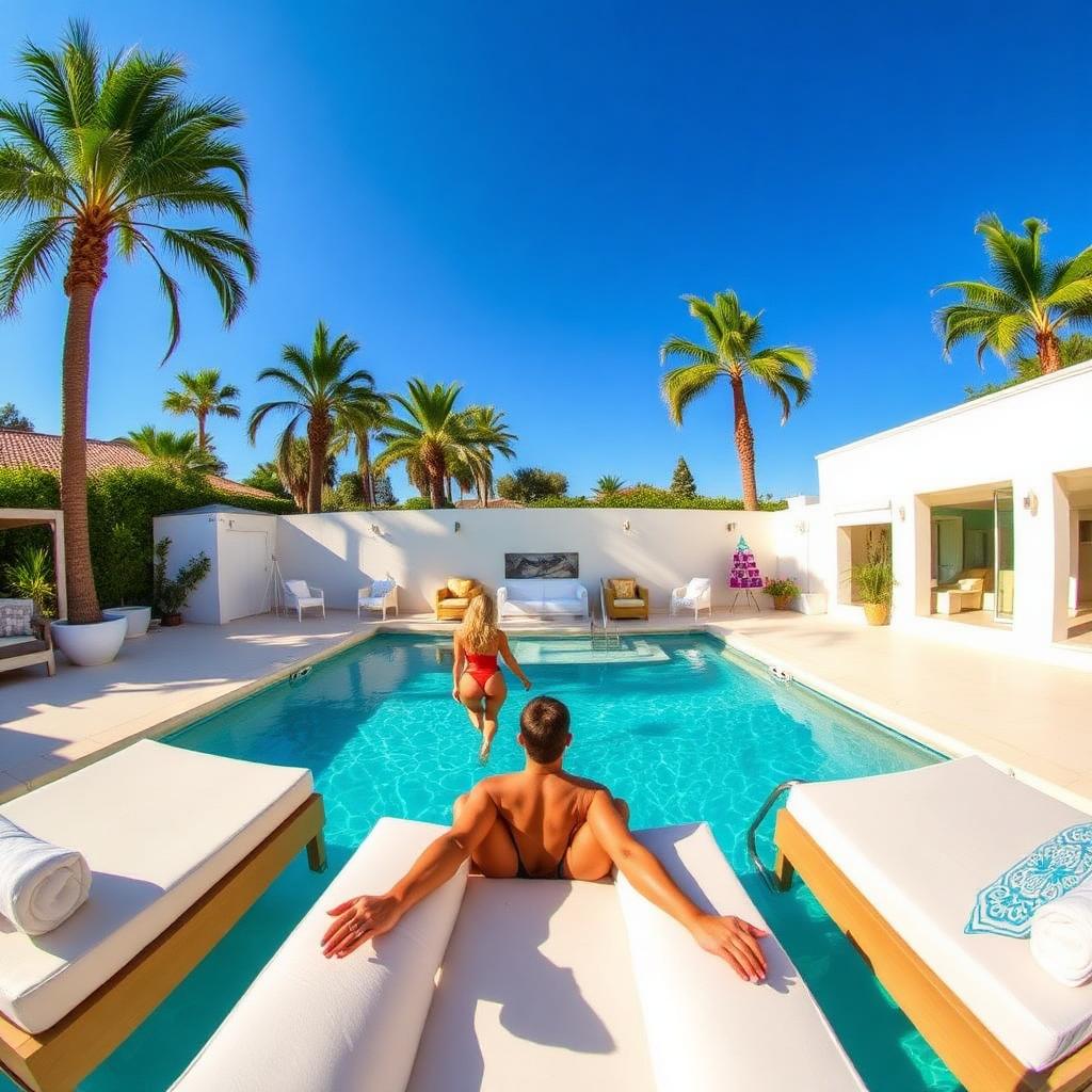 Marbella villa pool styled as a chic beach club with DJ and 360 photo booth for hen party